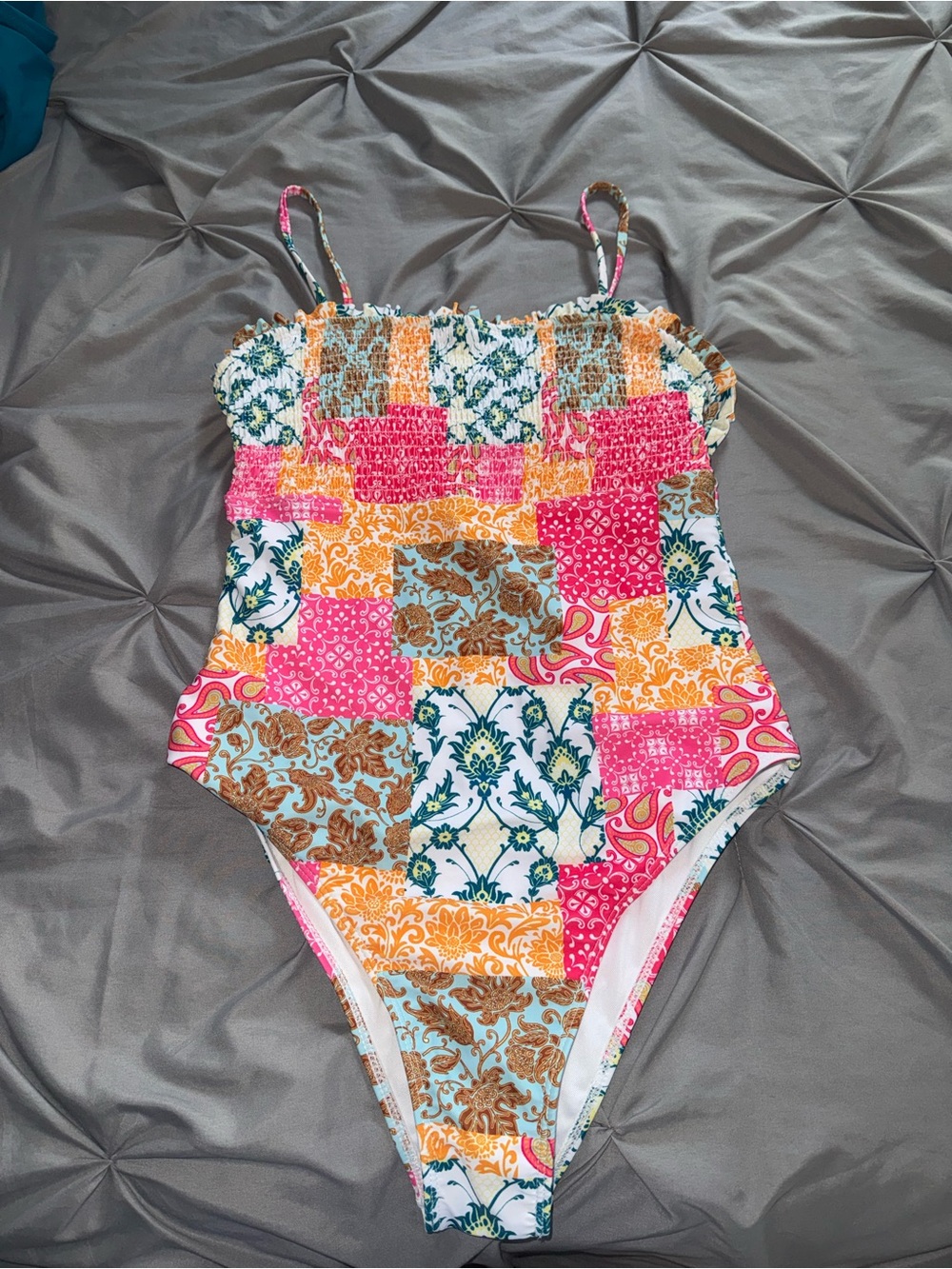 Patchwork Print One-Piece Swimsuit in Pink, Orange & Teal